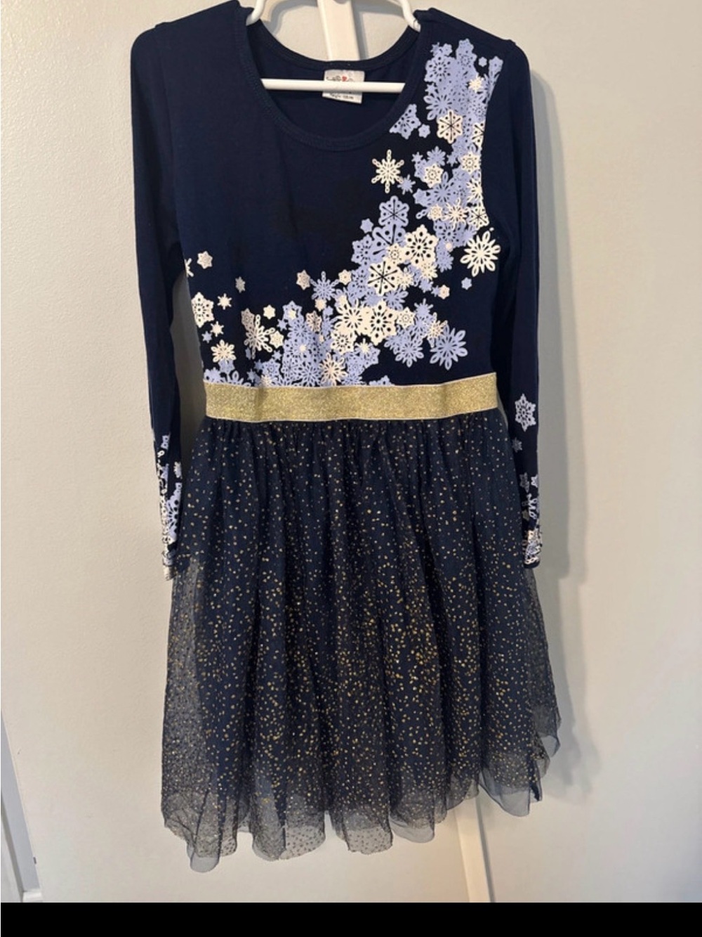 Navy Blue Snowflake Dress with Gold Waistband and Glitter Tulle Size 7/8